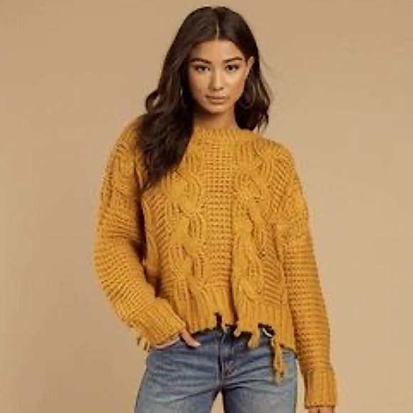 Moon River Sweaters - Moon River Golden Yellow Chunky Knit Distressed cable knit Woman’s sweater​